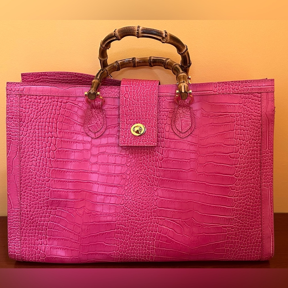 Pink Croc Tote Bag with Bamboo Handles